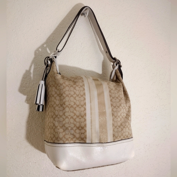 COACH LEGACY Khaki Ivory Signature Glitter Stripe Convertible Duffle Bag - Picture 2 of 11